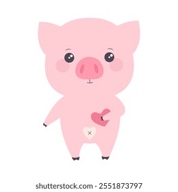 flat vector illustration of cute cartoon pig holding heart shape