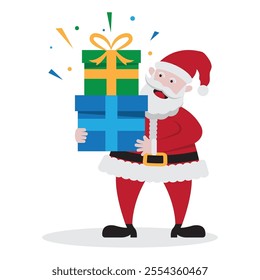 Flat vector illustration of cute cartoon christmas Santa Claus with gifts isolated on white background