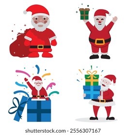 Flat vector illustration of cute cartoon christmas Santa Claus with gifts isolated on white background