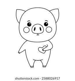 flat vector illustration of cute cartoon pig in outline holding heart