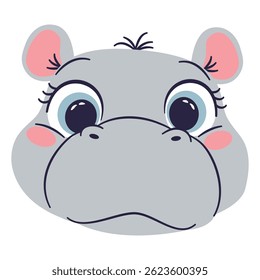 Flat vector illustration in cute cartoon children style. Hippopotamus face on white background 