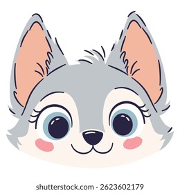 Flat vector illustration in cute cartoon children style. Wolf face on white background 