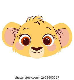 Flat vector illustration in cute cartoon children style. Lion cub face on white background 