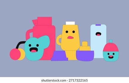 Ilustración vectorial plana de lindas botellas de dibujos animados y contenedores con caras felices, diseño colorido y juguetón.