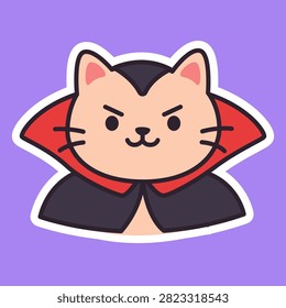 Flat vector illustration of a cute cat wearing a classic vampire cape and red collar for Halloween.