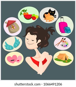 Flat vector illustration of a cute cheerful girl who dreams of pleasant things - of love, traveling, cats, delicious healthy food, being free, painting, a beautiful, cozy and comfortable home