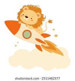 Flat vector illustration in a cute childish style. Cute lion cub is flying on a rocket