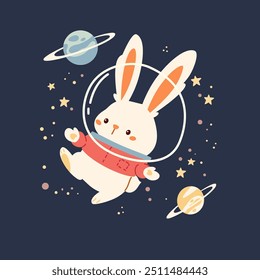 Ilustração de vetor plano em um estilo infantil bonito. Coelho bonito voando no espaço em um mangle entre planetas e estrelas 