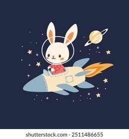 Flat vector illustration in a cute childish style. Cute bunny flying on a rocket in space among planets and stars 