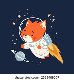 Flat vector illustration in a cute childish style. Cute fox flying in spacesuit in space among planets and stars 