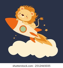 Flat vector illustration in a cute childish style. Cute lion cub is flying on a rocket