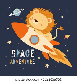 Flat vector illustration in a cute childish style. Cute lion cub is flying on a rocket. Adventure Space Inscription 