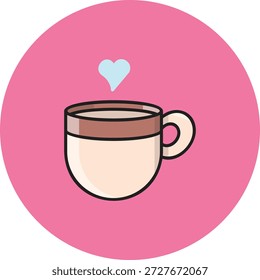 Flache Vektorgrafik einer süßen Kaffeetasse mit einem Herzsymbol darüber, platziert auf rosafarbenem kreisförmigem Hintergrund. Warme und gemütliche Getränke-Ikone für Café-Branding, UI-Design, mobile Apps, romantische Themen und Valentine-Visuals.