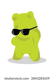 Flat vector illustration of a cute cool green gummy bear mascot character wearing stylish sunglasses, standing against a clean white background.