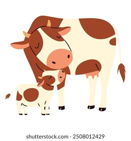 Ilustración vectorial plana. Vaca linda con el becerro, fondo blanco. Amor maternal 