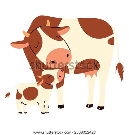 Flat vector illustration. Cute cow with calf, white background. Motherly love 