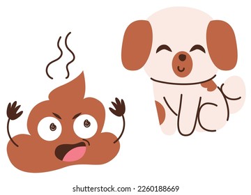 Ilustración de vectores planos de perro lindo defecando o defecando durante un paseo aislado en fondo blanco. Animales domésticos de Purebred que realizan actividades diarias. Gracioso personaje de mierda con amigo