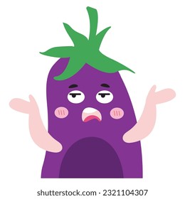 Flat vector illustration of a cute eggplant doing questioning pose on white background.