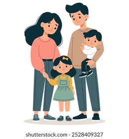 Ilustración vectorial plana. Linda familia, mamá, papá, hija e hijo sobre fondo blanco 