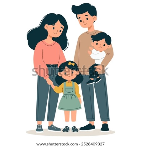 Flat vector illustration. Cute family, mom, dad, daughter and son on white background 