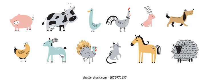 flat vector illustration of cute farm animals