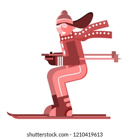 Flat vector illustration of cute female standing on skis holding ski sticks and wearing snow glasses isolated