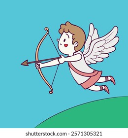 Flat vector illustration of a cute flying Cupid with wings, holding a bow and arrow. Perfect for Valentine's Day designs, love-themed projects, or romantic invitations.