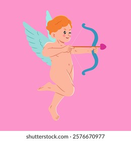 Flat vector illustration of cute funny cupid, cherub flying and shooting with arch bow, heart arrow, romantic love. Happy boy angel, baby character. Isolated Valentine's day cupid on white background.