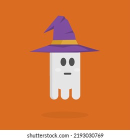 flat vector illustration of cute ghost wearing witch hat