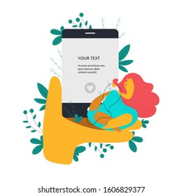 Flat vector illustration of cute girl sitting in the lotus position on the palm and listening to music on a smartphone. Young woman using social network. Use in Web Project and Applications