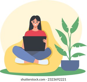 Flat vector illustration. Cute girl sitting in a sack chair and working on her laptop. Remote work, freelance, quarantine . Vector illustration