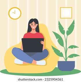 Flat vector illustration. Cute girl sitting in a sack chair and working on her laptop. Remote work, freelance, quarantine