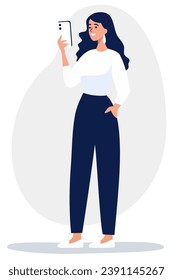 Flat vector illustration. Cute girl smiling and looking at the phone 