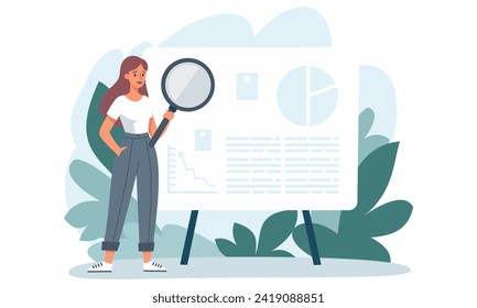 Flat vector illustration. Cute girl standing in front of a big banner and holding a big magnifying glass. Searching for information on presentation 