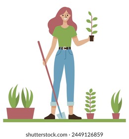 Flat vector illustration. Cute girl planting tree seedlings, doing gardening. Environment protection concept 