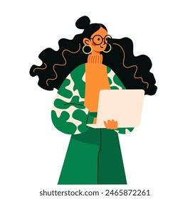 Ilustración vectorial plana. Chica linda con peinado bouffant de pie y sosteniendo una computadora portátil. Ilustración en estilo trípode 