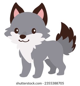 Flat vector illustration. Cute gray kind wolf. Children's illustration on white background 