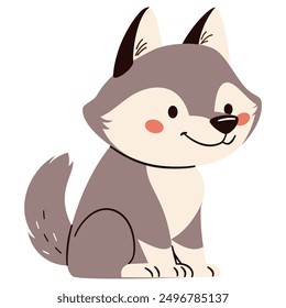 Flat vector illustration. Cute gray kind wolf. Children's illustration on white background 