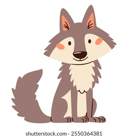 Flat vector illustration. Cute gray kind wolf. Children's illustration on white background 