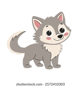 Flat vector illustration. Cute gray kind wolf. Children's illustration on white background Forest animal.