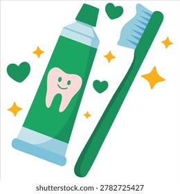 Flat vector illustration of cute hand drawn toothbrush and paste with smiling tooth for dental care concept on white background