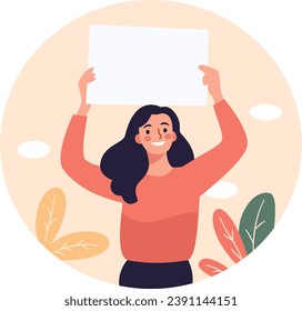 Flat vector illustration. Cute happy girl holding a poster above her head. Place for your text 