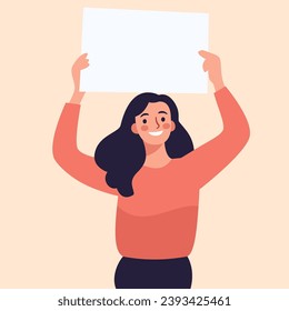 Flat vector illustration. Cute happy girl holding a poster above her head. Place for your text 