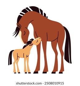 Ilustración vectorial plana. Caballo lindo con potro, fondo blanco. Amor maternal 