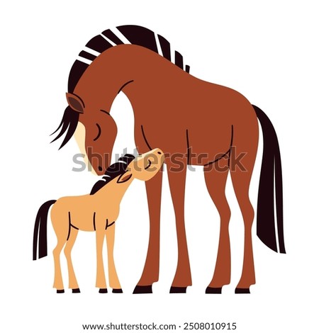 Flat vector illustration. Cute horse with foal, white background. Motherly love 