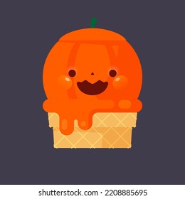 Flat vector illustration of cute ice cream character in kawaii style. Pumpkin ice cream in a waffle cone