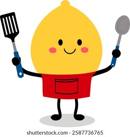 Flat vector illustration of a cute lemon chef holding a spatula and spoon. Perfect for food-related designs, restaurant branding, or healthy eating campaigns