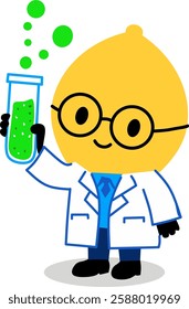 Flat vector illustration of a cute lemon scientist character holding a test tube with green bubbling liquid. Perfect for science, education, and chemistry-related designs