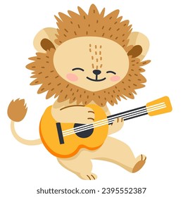 Flat vector illustration. Cute lion dancing and playing guitar. Children's illustration on white background 