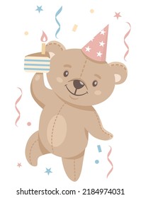 Flat vector illustration. Cute little bear celebrating his birthday. Bear jumping in confetti with a piece of cake. Children illustration for birthday celebration